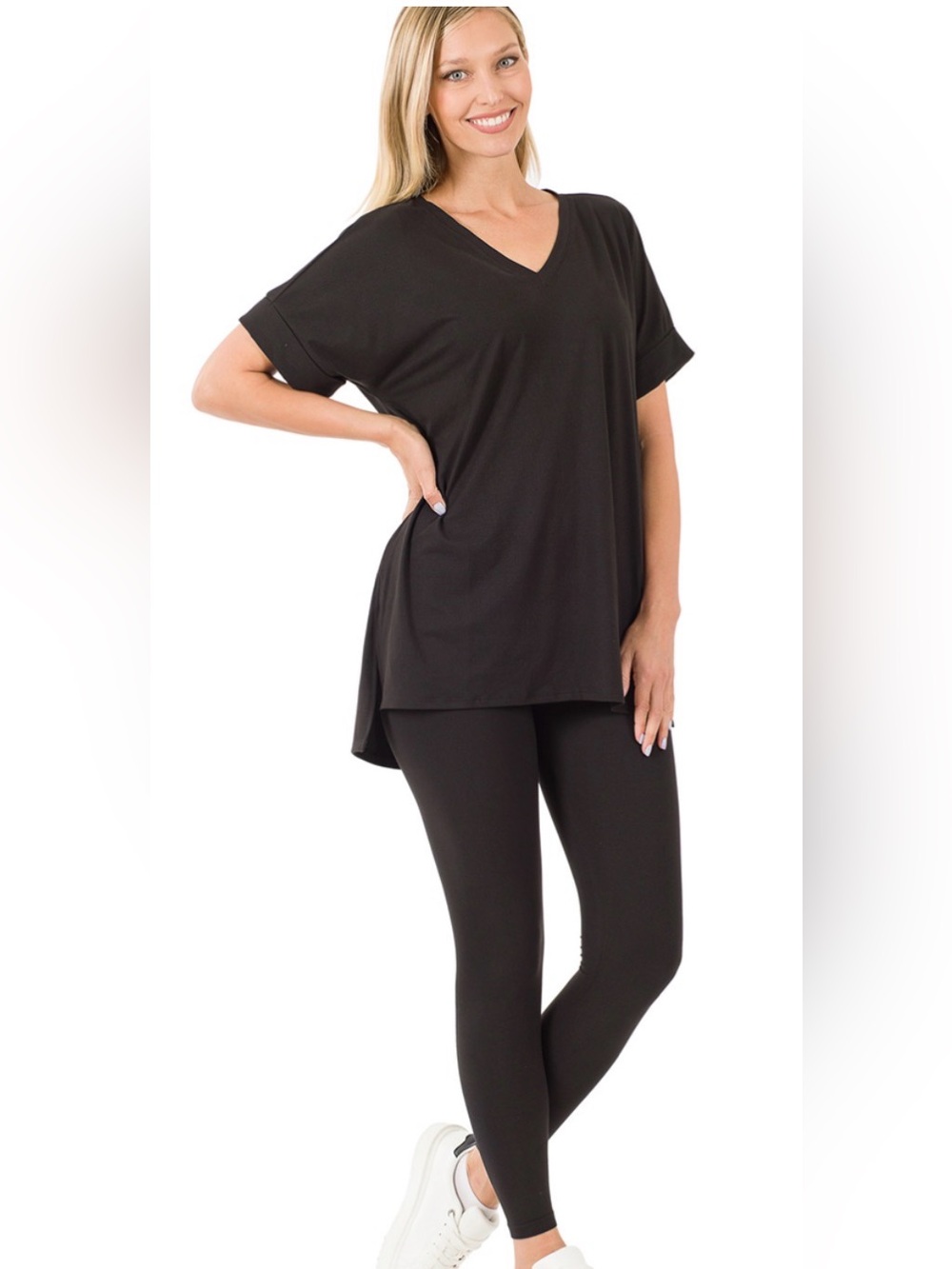 Zenana Relaxed V‑Neck Lounge Top & Leggings Set - Black
